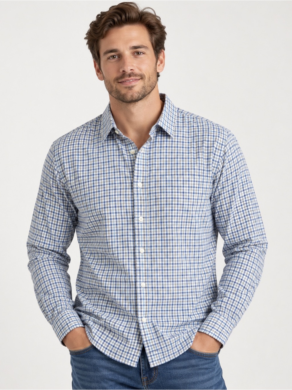 Faherty Men's The Movement Shirt Gray Blue Plaid Supima Cotton sz M Lightweight